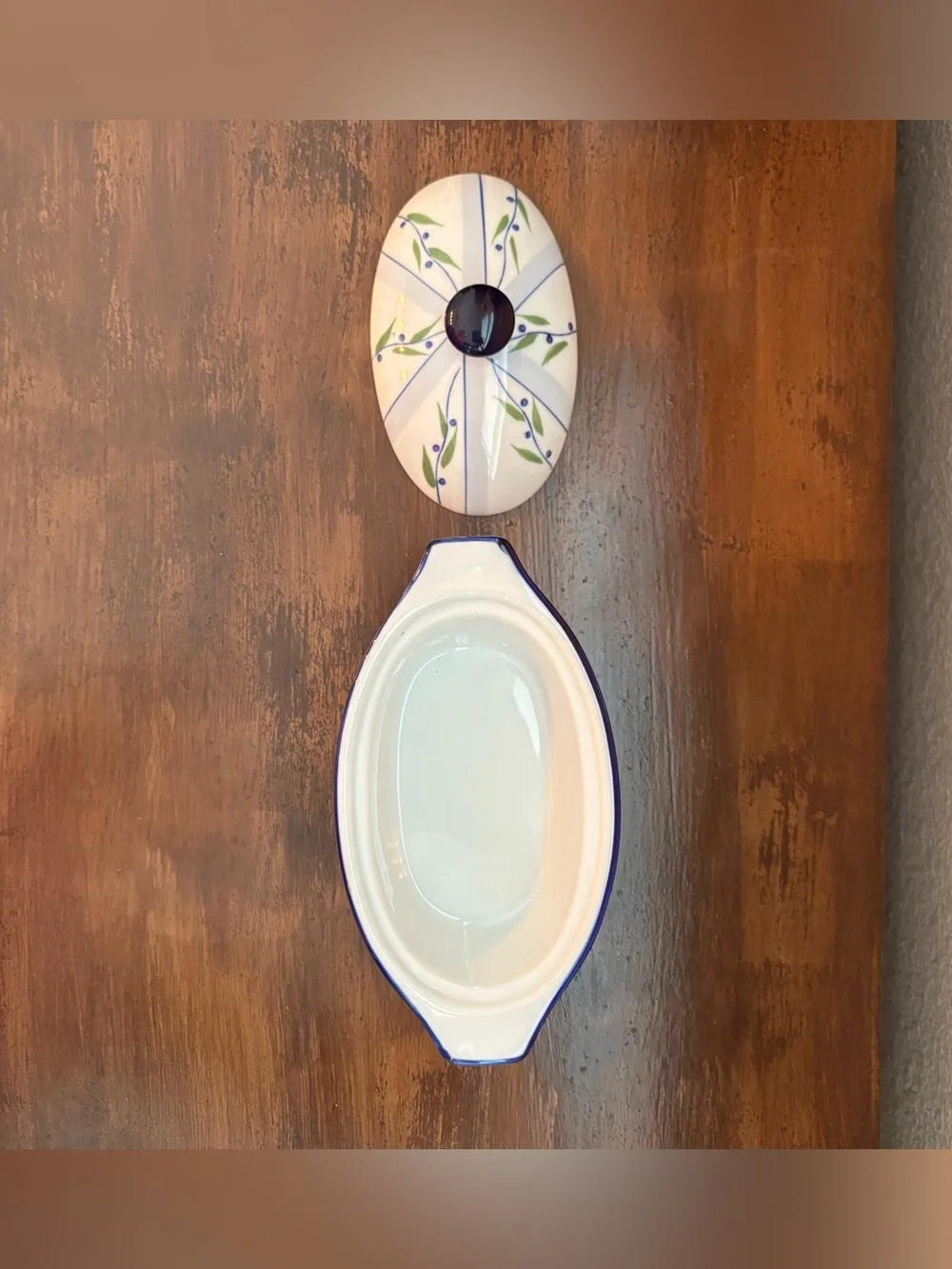 Vntg 3 Piece Cook Street Butter Boat Blueberry Floral Vine Water Cooled Butter